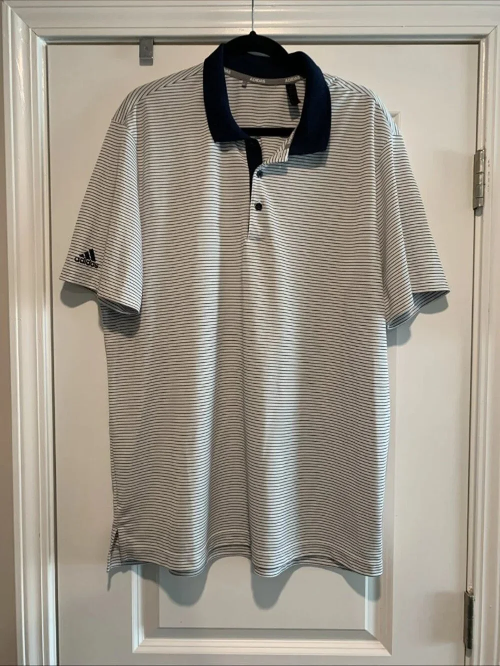 Adidas Men's XL Striped Golf Polo Shirt White Navy Blue Short Sleeve SS